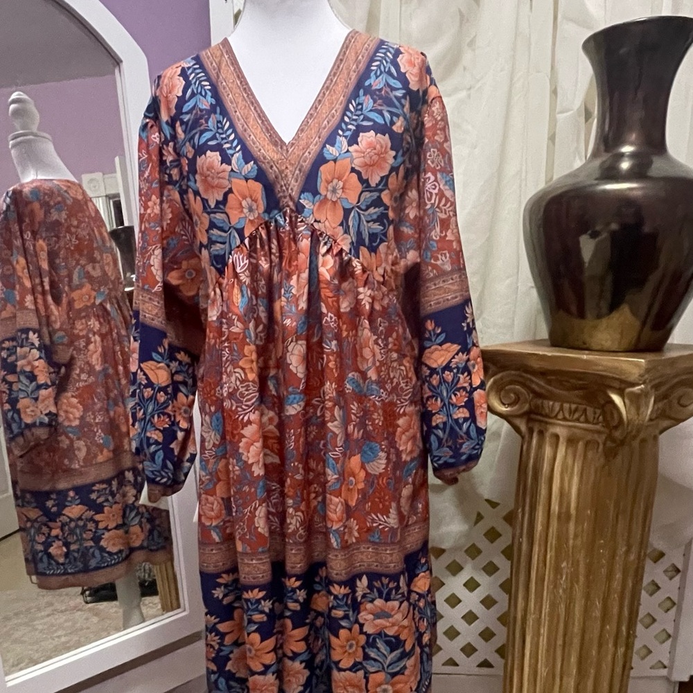 Bohemian Floral Long Sleeve Dress in Navy and Coral